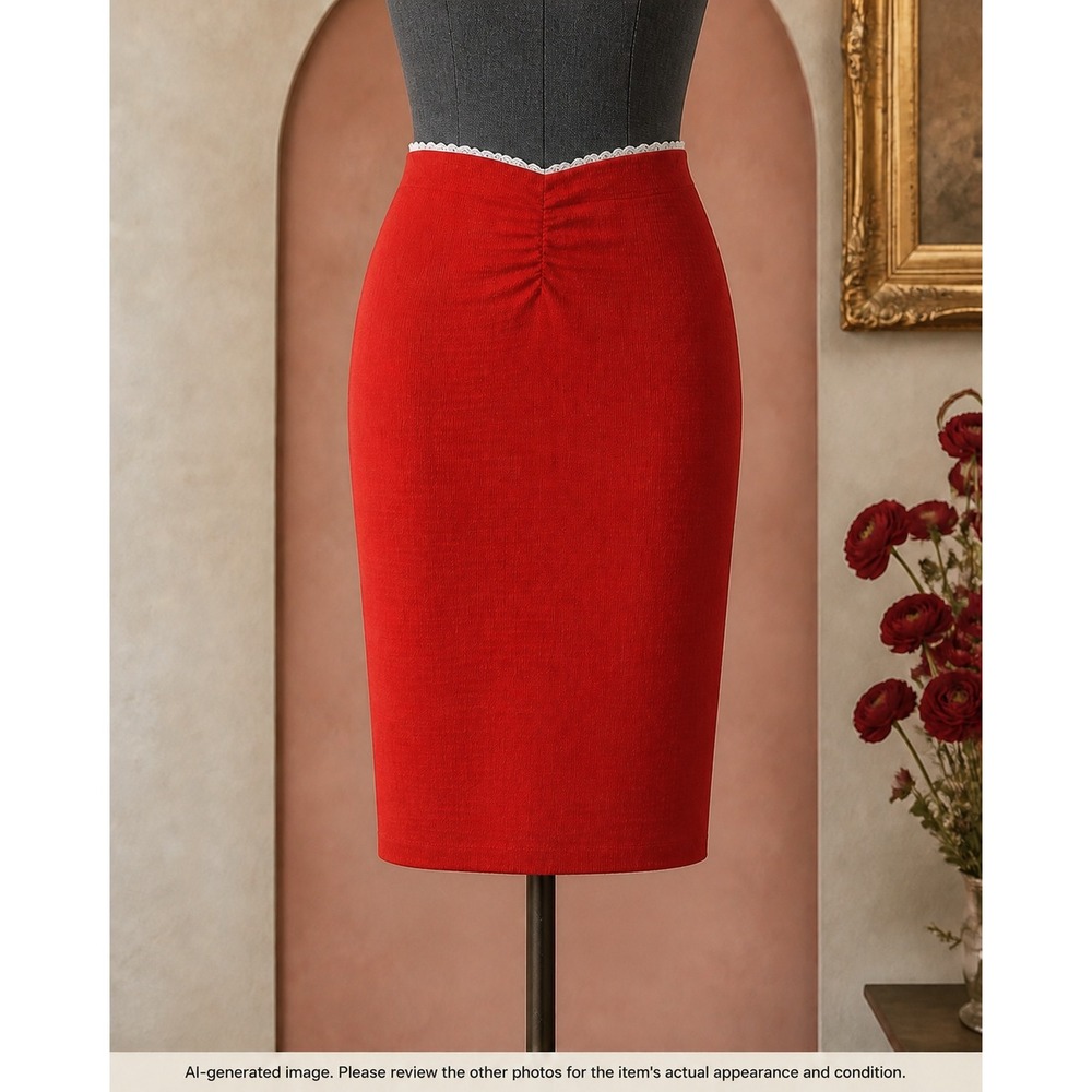 Madden NYC Red Textured Midi Pencil Skirt Women Medium Lace Trim Ruched Y2K